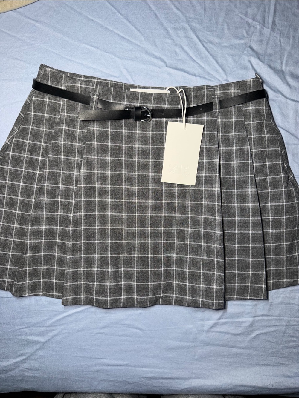 Zara Gray Plaid Pleated Mini Skirt with Black Belt